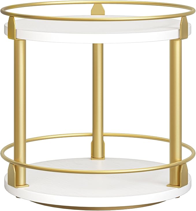YATINEY Lazy Susan Organizer, Rotating Spice Rack, 2 Tier Spice Turntable Organizer, Industrial Turntable Spice Holder, for Kitchen Countertop and Cabinet, Compact and Versatile, White and Gold SR22DW by Yatiney