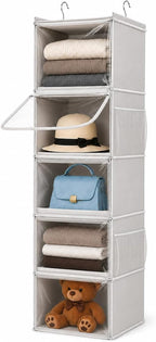 Vailando 5-Shelf Hanging Closet Organizer with Clear Dust Covers, Gray | Individual Clear Covers, Reinforced PP Shelves, 4 Side Pockets and Anti-slip Front Bars for Clothes, Shoes and Purses by Vailando