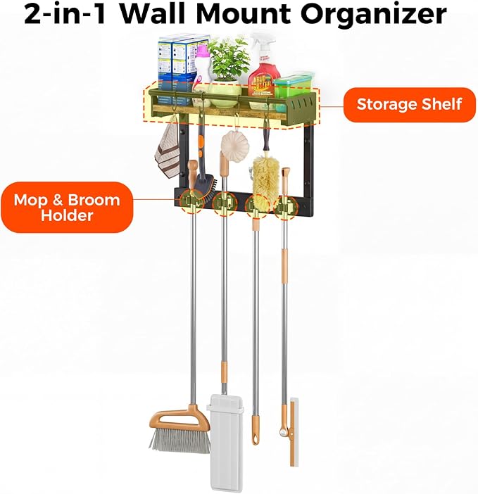 Broom Holder Wall Mount with Shelf,Broom Hanger with 4 Hooks,Broom and Mop Organizer Wall Hanging for Laundry,Garage, Utility,Broom Rack,Cleaning Supplies Organizer and Tool Storage,Black - Image 2