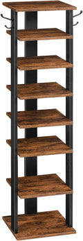 HOOBRO 8 Tiers Vertical Shoe Rack, Wooden Shoe Storage Organizer with Hooks, Narrow Shoe Tower for 8 Pairs, Space Saving, for Entryway, Living Room, Bedroom, Rustic Brown BF07XJ01G1 by HOOBRO