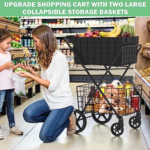  2-Tier Large Collapsible Grocery Cart On Wheels 400lbs Shopping Cart - Image 5