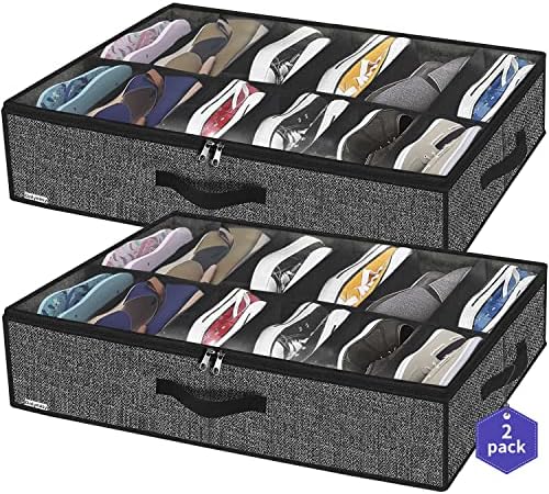 Onlyeasy Sturdy Under Bed Shoe Storage Organizer, Set of 2, Fit 12 to 24 Pairs, Underbed Shoes Closet Storage Solution with Clear Window, Breathable, L29.3 x W23.6 x H5.9, Linen-like Black, MXAUBSB2P by Onlyeasy