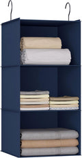 Hanging Closet Organizer 3-Shelf, Oxford Fabric Wardrobe Storage, Navy Blue | Easy-mount foldable design holds clothes, handbags, shoes & accessories; washable Oxford fabric, sturdy and space-saving. by DonYeco
