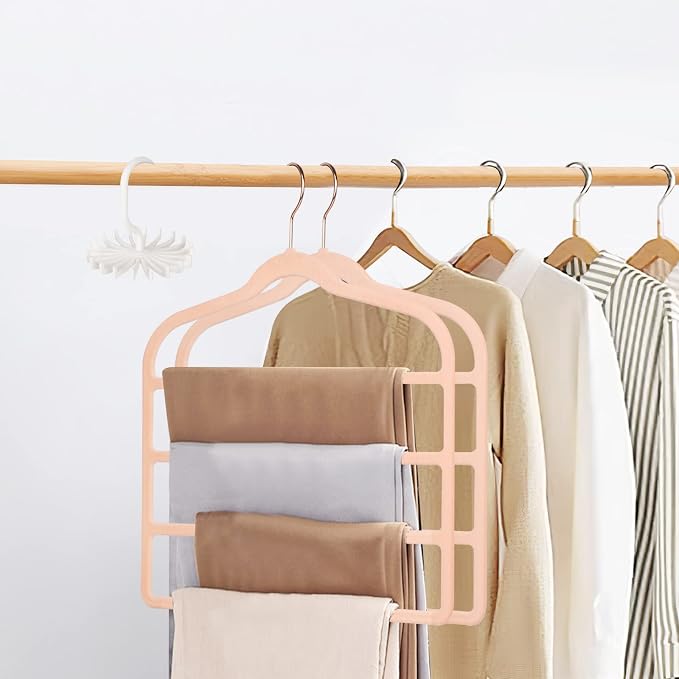 Tinfol Velvet Pants Hanger Space Saving with Hook, 6pc 4 Layers Non-Slip Jeans Hangers, Pink Multiple Clothes Hangers Closet Storage Organizer forJeans Scarf Towels Tie Towel - Image 6
