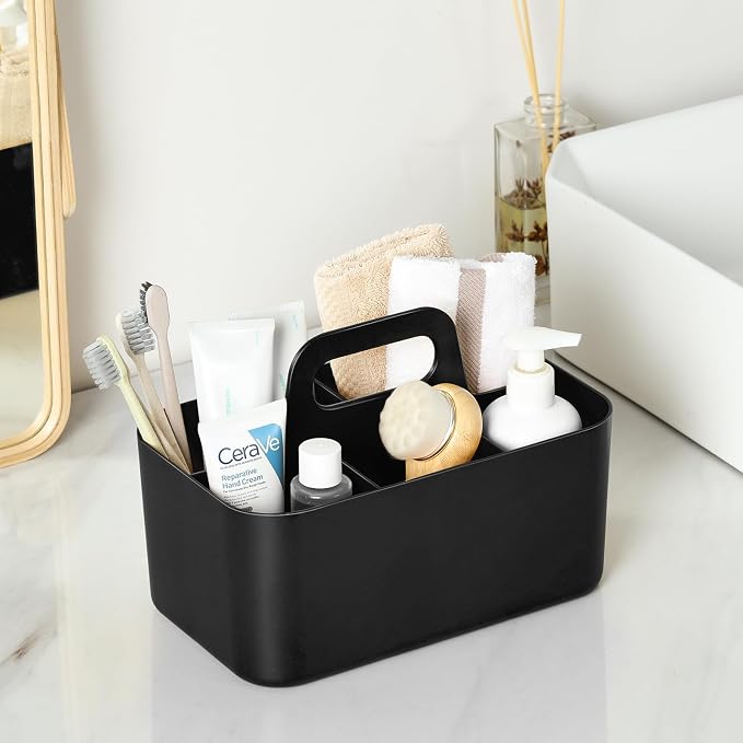 Multiuse Caddy Organizer with Handle, Portable Divided Plastic Tote Bin - Art Craft, Stationary Pen Marker Crayons, Makeup Hair Supplies Storage - Bathroom, Classroom, Dorm, Office, Desk Holder -Black - Image 3