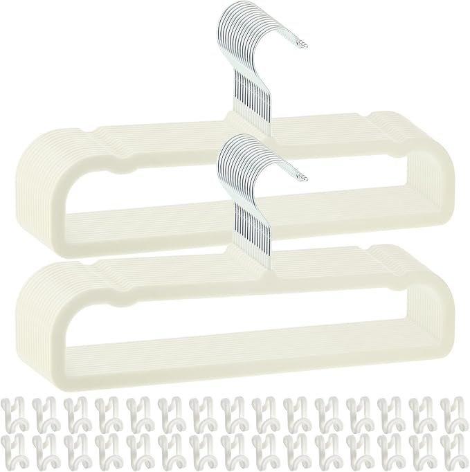 Pants Hangers Space Saving, 30 Pack Velvet Hangers for Closet with 30 Hooks, Strong Durable Non Slip Slim Clothes Hanger, Ultra Soft Flocked Hanger for Pants, Shirts, Bra, Shorts (Cream) by Wensdr