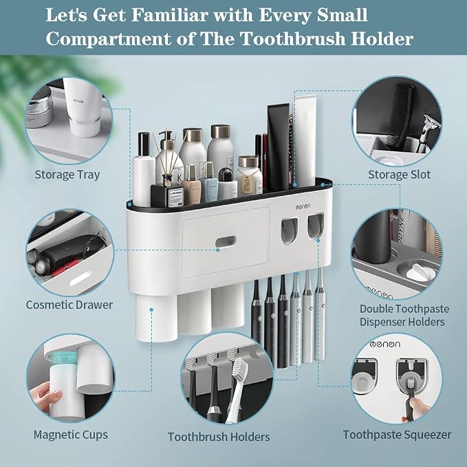 Toothbrush Holders Wall Mounted, Toothbrush Holder with Automatic Toothpaste Dispensers, 6 Brush Slots, 3 Magnetic Cups,1 Cosmetic Drawer Organizer and 1 Large Storage Tray - Image 5