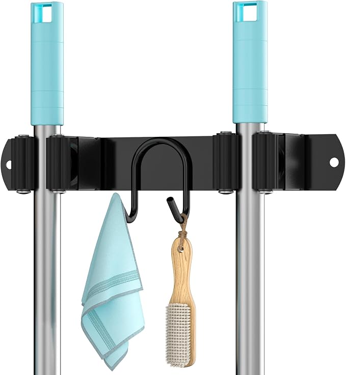 Broom Holder Wall Mount, Stainless Steel Mop and Broom Organizer, Broom Hanger with 2 Slots 2 Hooks for Home Kitchen, Garage, Garden and Laundry Room, Black by AURIKAR
