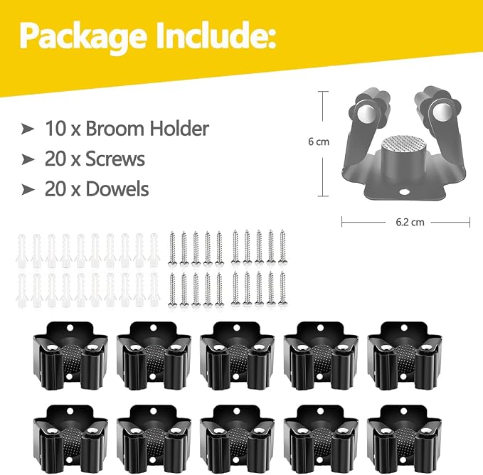 Verdenu 10 Pack Broom Holder Wall Mount, Mop Holder Wall Mounted, Stainless Steel Command Broom Holder with Screws, Garden Tool Rack Wall Mount for Kitchen, Home, Bathroom, Garage Storage, Black - Image 2