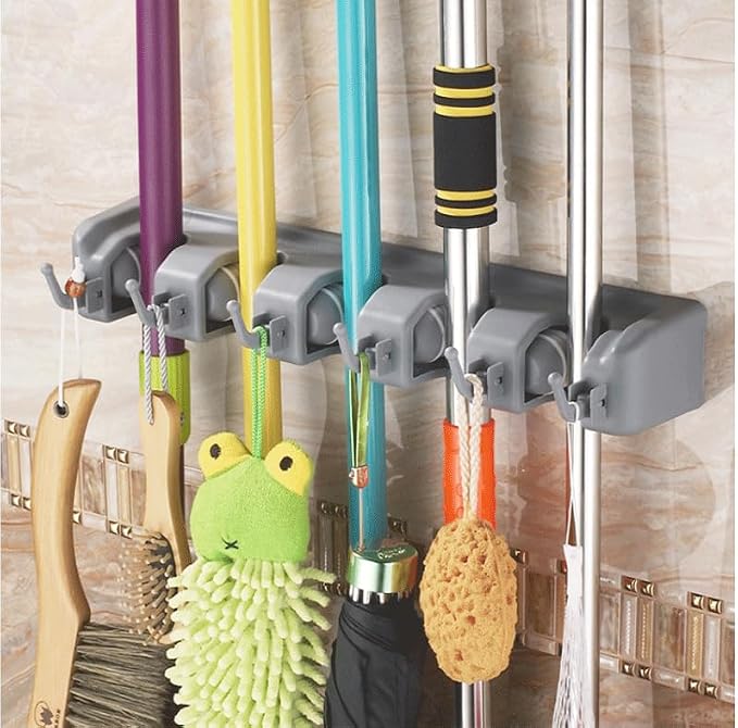 PP Plastic Multi-Function Broom & Mop Wall Mount Holder (16.93.352.36in, Gray) - Screw-Mounted Space Saver for Kitchen/Garage/Garden Tool Organization - Image 4