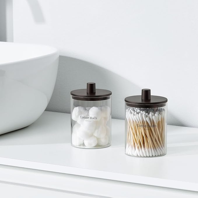 TIPGO Glass Qtip Holder Dispenser for Bathroom - 10 oz Clear Canister Apothecary Jar for Cotton Swabs, Balls, Pads, Floss Picks, Small Containers for Makeup Storage Organizer (2 Pack, Brown) - Image 2
