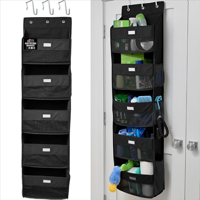 GORILLA GRIP Over The Door Organizer Storage, 5 Deep Hanging Shelves, Holds 50lbs, Closet Organizers Shelf for Bedroom, Shoes, Bathroom, Nursery, Dorm Essentials, 3 Metal Hooks, 58x15 Inches, Black by Unknown