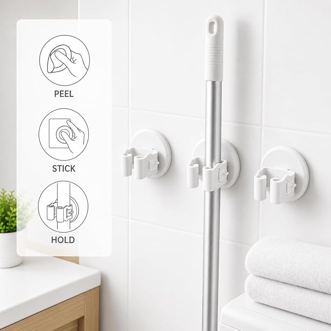 Broom and Mop Holder, Wall Mounted Round Clips, White ABS, No Drill Adhesive, 3 Pieces, Cleaning Tool Organizer for Kitchen, Bathroom, Garage - Image 4