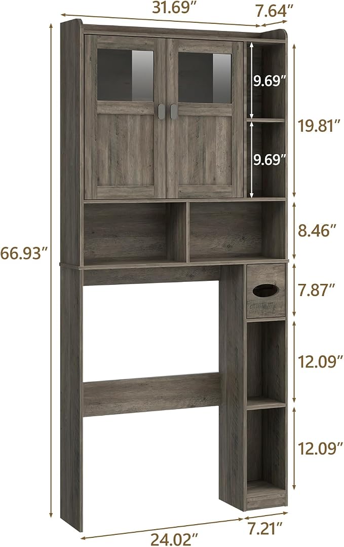 Vabches Over The Toilet Storage Cabinet with Doors and Shelves, Grey - Image 2