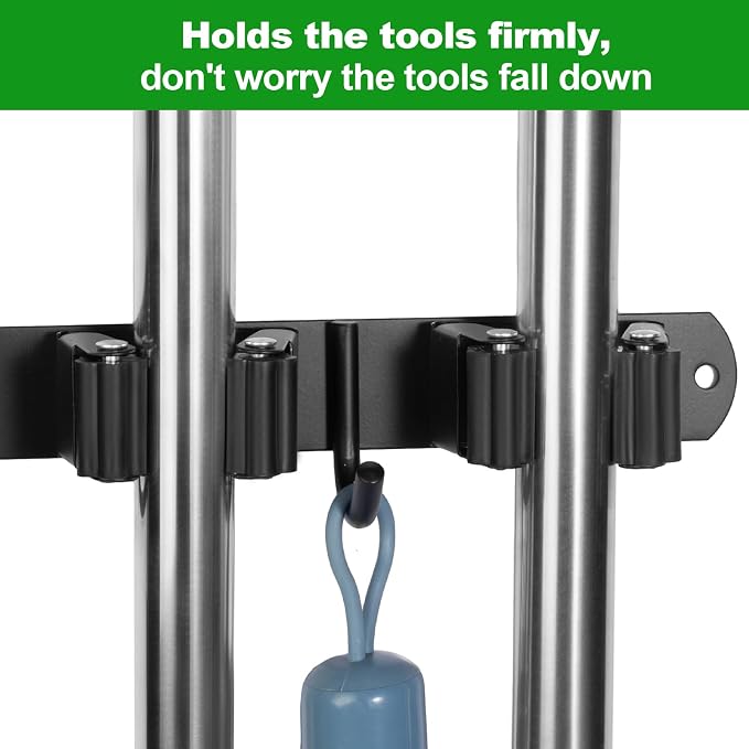 voze 5 Racks and 4 Hooks Mop and Broom Holder Wall Mount, Self Adhesive Heavy Duty Broom Hanger Organizer Storage Tool Racks for Kitchen Garden Laundry Garage Black - Image 4