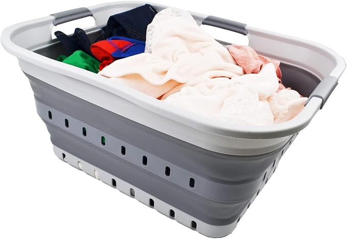 SAMMART 42 (11 Gallons) Collapsible Plastic Laundry Basket, Foldable Pop Up Storage Container/Organizer, Space Saving Hamper, Portable Bin for Dorm Room Bathroom (1, Grey) by SAMMART