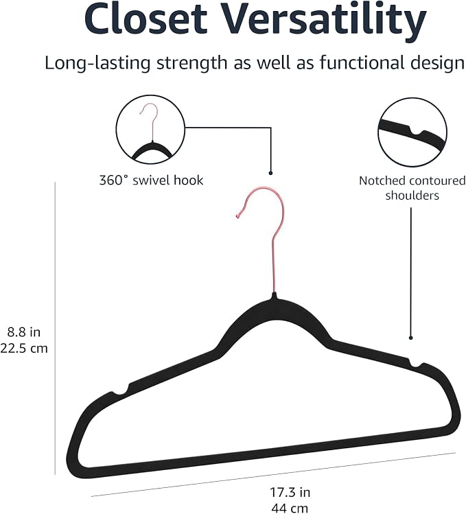 Amazon Basics Slim Velvet Non-Slip Space Saving Suit Clothes Hangers, Closet Organizer, Black/Rose Gold, 100-Pack - Image 5