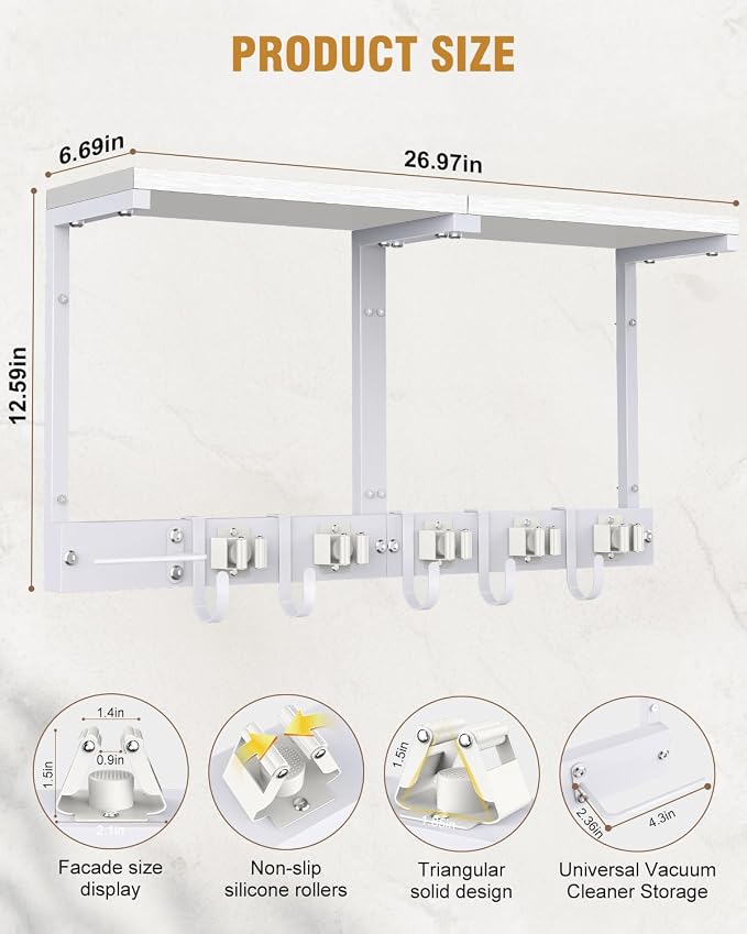 Large Broom Holder Wall Mount with Shelf, Vacuum Organizer, 5 Slots 5 Hooks - Image 7
