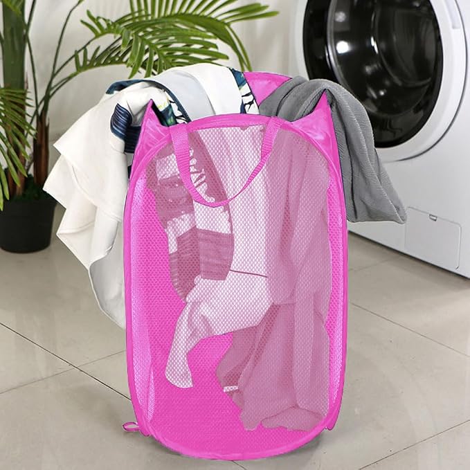Larpur 2Pack Foldable Popup Laundry Basket, Collapsible Portable Mesh Clothes Washing Laundry Hamper with Reinforced Carry Handles (Pink) - Image 5