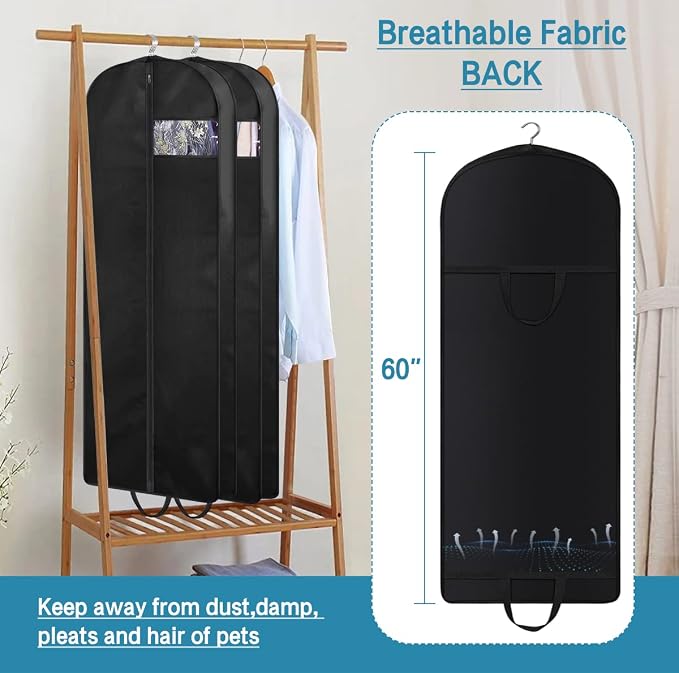 KIMBORA 60" Dress Garment Bags for Hanging Clothes Travel, Gusseted Garment Bags for Closet Storage with Handles for Long Gowns, Coats（3 Packs） - Image 5