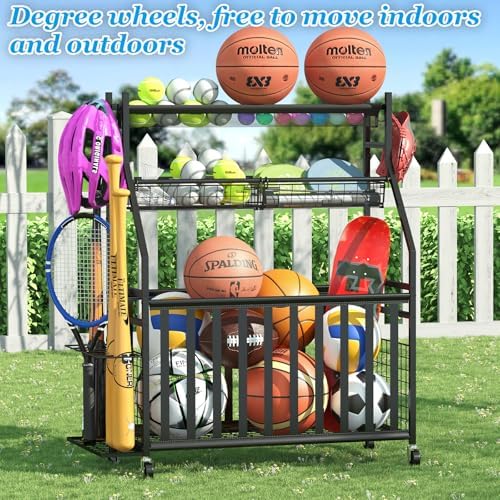 Jsskeeim Garage Sports Equipment Organizer,Sports Ball Organizer with Wheels,Mesh Pocket, Basket,Ball Organizer with Baseball Bat Rack and HooksToy Storage Rolling Cart-Black - Image 5