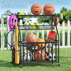Jsskeeim Garage Sports Equipment Organizer,Sports Ball Organizer with Wheels,Mesh Pocket, Basket,Ball Organizer with Baseball Bat Rack and HooksToy Storage Rolling Cart-Black - Image 5