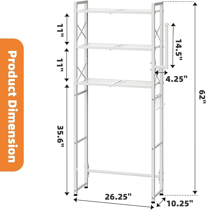 Simple Trending Over The Toilet Storage Rack with Toilet Paper Holder, Heavy Duty Metal 3 Tier Bathroom Organizer Shelf with 3 Hooks, White - Image 3