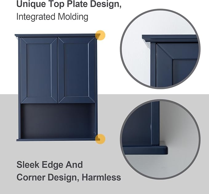 VANIRROR Navy Blue Bathroom Cabinet Wall Mounted W/ 2 Door Adjustable Shelf - Image 7