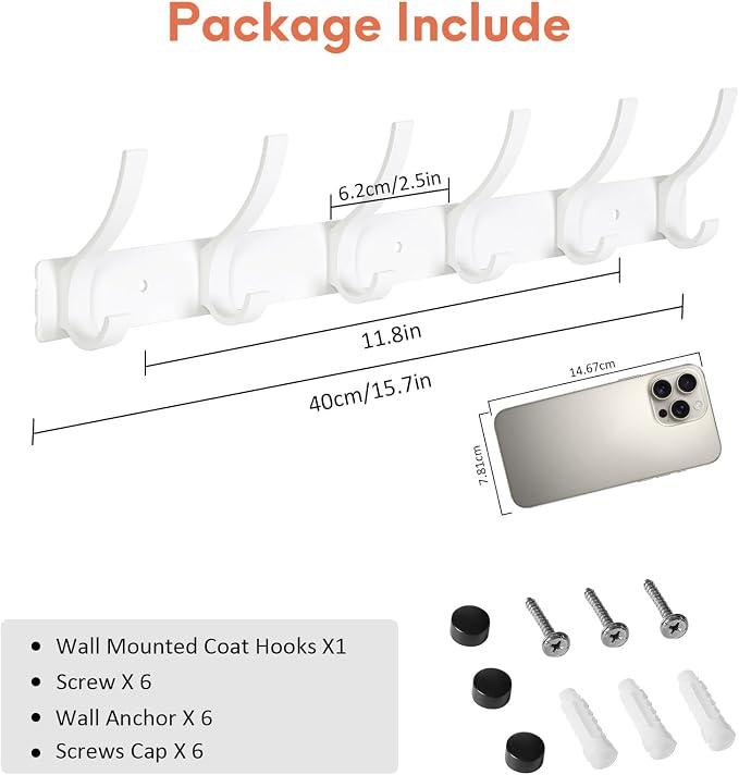 Optish Coat Rack Wall Mount, Coat Hook Wall Mount, Wall Hooks for Hanging, Hat Rack for Walls, Coats Hanger with 12 Hook, Towel Hooks for Bathrooms (2 Pack, White) - Image 2