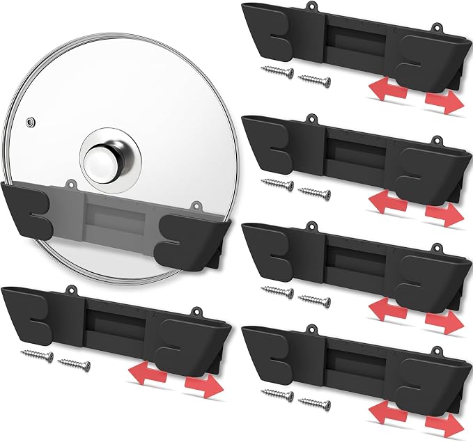 Adjustable Universal Pot Lid Holder Organizer for Cabinet - Upgraded Patented 6 Pack Pan Lids Organizers Inside Door Wall Mount Pots Top Rack for Kitchen Cupboard Fit 6" to 13" (Black) by Gosuny