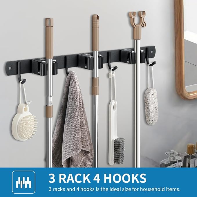 JAMEND CLXP Broom Hanger and Mop Holder, Heavy Duty Garden Tool Organizer Rack Rake and Shovel Handle, Stainless Steel Wall Mounted Utility Rack with Screws (5 Racks with 4 Hooks, Matte Black). - Image 3