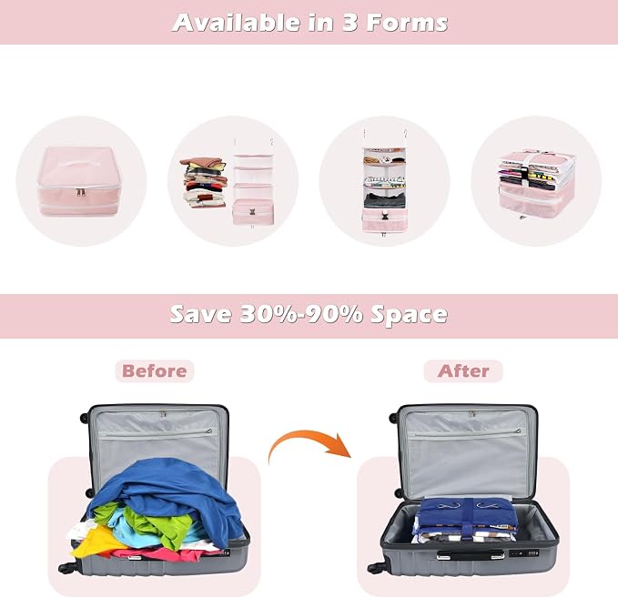 Surblue Hanging Closet Storage Bag Collapsible 3-Shelf Washable Oxford Fabric with 2 Hooks (L 11.41 * 11.41 * 19.68in, Pink) - Image 3