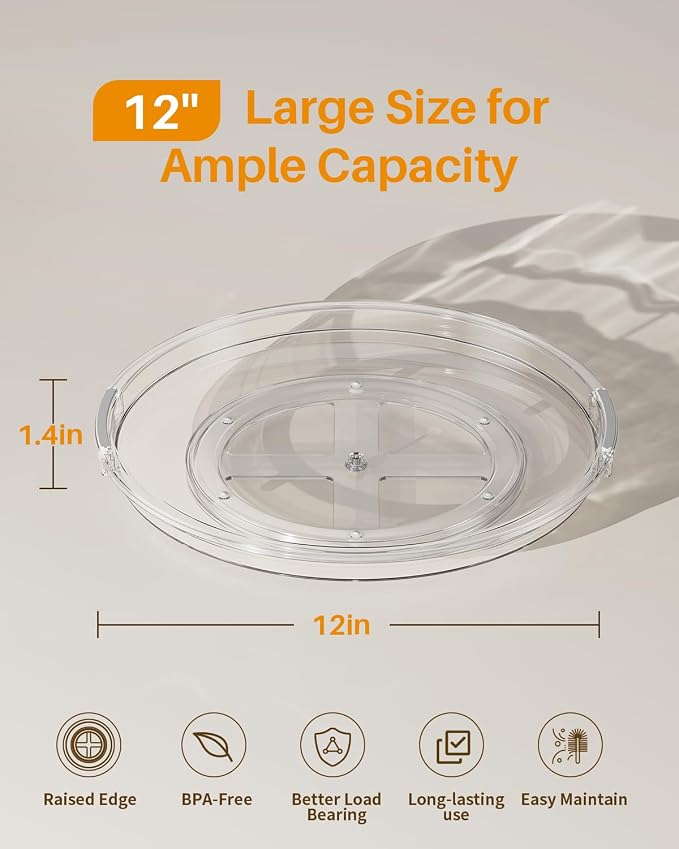 LAMU 2 Pack 12 Inch Lazy Susan Organizer Turntable for Cabinet, Large Clear Spice Rack for Kitchen, Pantry, Refrigerator, Countertop, Table, Bathroom - Image 3