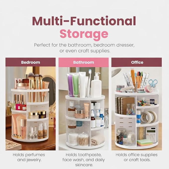 Masirs 360 Rotating Makeup Organizer Countertop, Adjustable Shelf, White - Image 6
