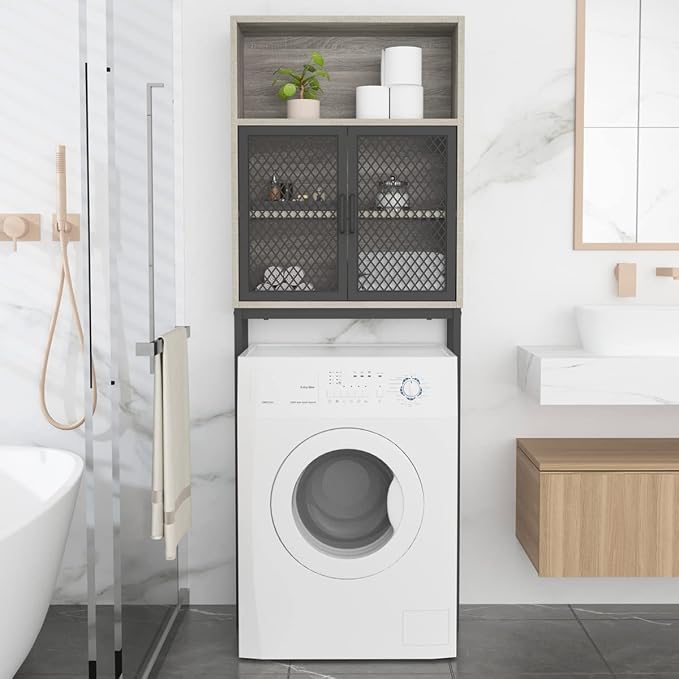 Launica 65 Inch Over The Toilet Storage Cabinet Wood and Metal Light Grey - Image 3