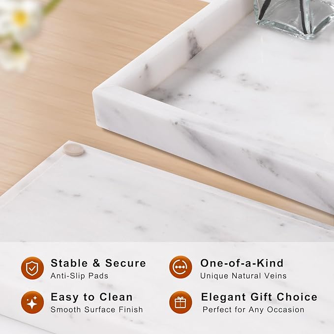 Bathroom Tray for Countertop, Marble Perfume Tray for Dresser Organizer, Marble Tray for Bathroom Counter & Home Decor, Natural Decorative Stone Vanity Trays, 12" x 8", Starry White - Image 2