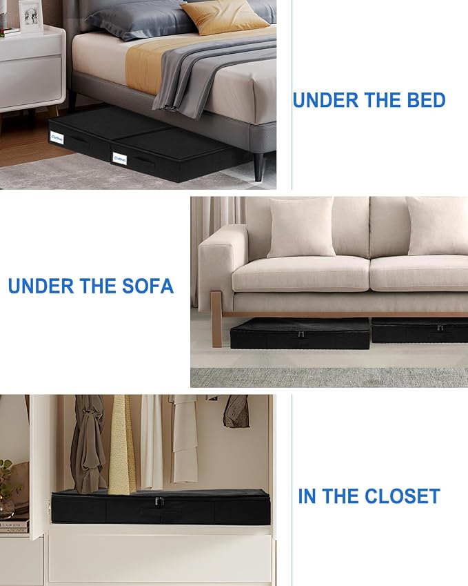 4.5-In Low Profile Under Bed Storage, Rigid Support, 2 Pack, Black | Thin Clothes Storage, Rigid Sides & Bottom, Zipped Lid, Reinforced Handles, Limited Clearance, Couches, Cribs, Dorm Beds - Image 4