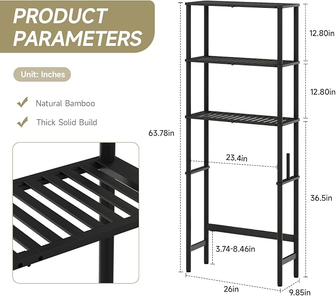 Over The Toilet Storage,3-Tier Bamboo Bathroom Shelf with Paper Holder - Image 3