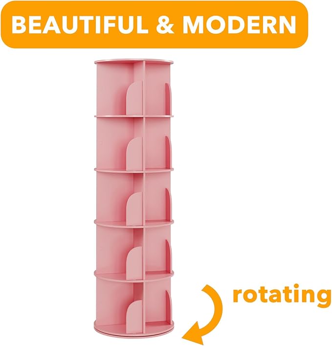 SpaceAid 5 Tier Rotating Bookshelf Tower, Spinning Bookcase Lazy Susan, Revolving 360 Book Shelf Storage Round Carousel, Vertical Rotate Turning Spiral Corner Organizer, Pink - Image 7