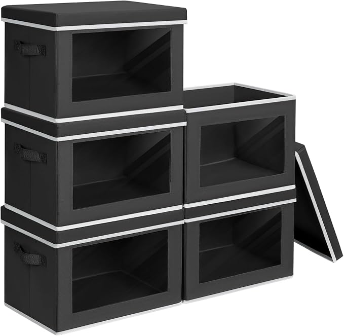 Homsorout Stackable Storage Bins with Lids - Large Decorative Basket with Lids, Fabric Foldable Closet Organizer Bins, Shelf Organizer for Living Room, Dorm, 5 Pack, Black by Homsorout