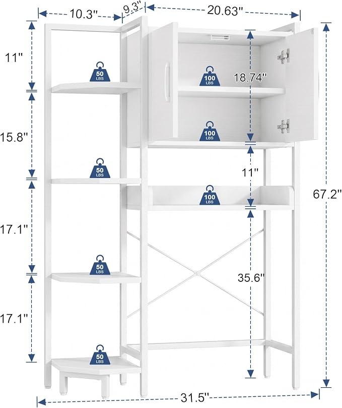 K2 Heavy Duty 7-Tier Over The Toilet Storage Cabinet（With Magnetic Doors & Adjustable Feet）Freestanding Above Toilet Shelf，Space Saver Bathroom Organizer 9.3"D x 31.5"W x 67.2"H，Beige White - Image 3