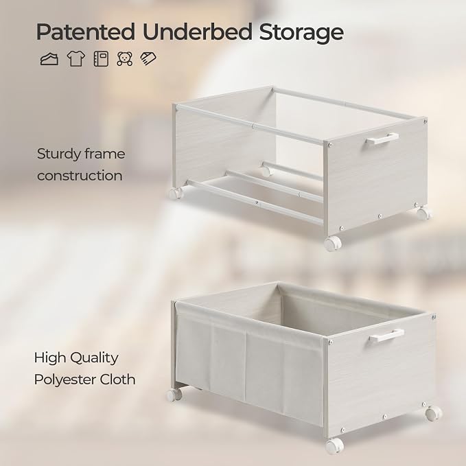 FOUCSSOMEI Under Bed Storage with Wheels, Wooden Under Bed Drawers On Wheels, Rolling Under Bed Shoe Storage, Space Saving,White,70L - Image 2