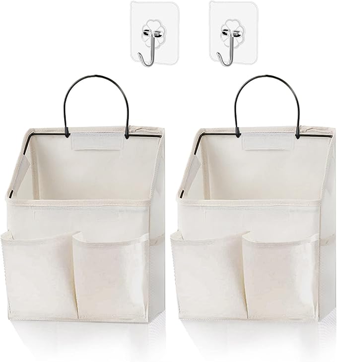 2 Pack Wall Hanging Storage Basket,Wall Hanging Organizer Bags with Pockets, Wall organizer Storage for Dormitory Bathroom Bedroom Kitchen(White-upgraded) by Someteth