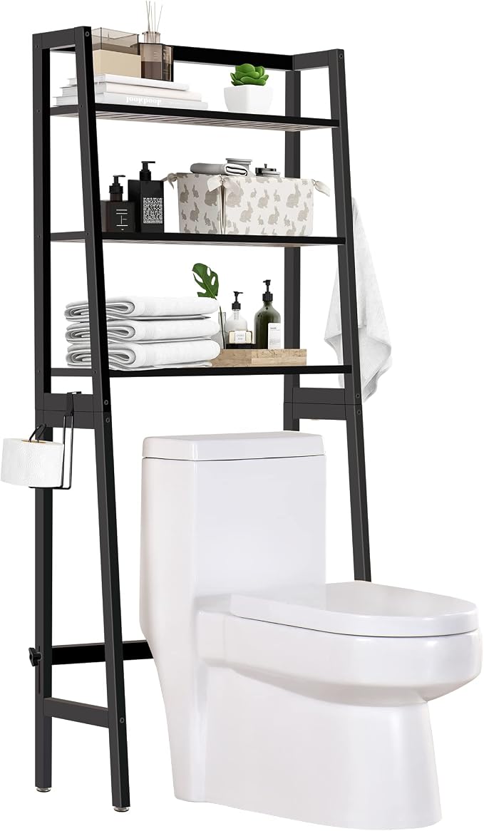 MallKing Over-The-Toilet Storage Rack, Wooden 3-Tier Over-The-Toilet Storage Rack Bathroom Space Saver Organizer, Freestanding Above Toilet with Toilet Paper Holder and Hooks (Black) - Image 8