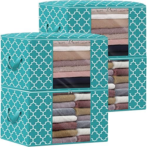 Storage Bags 100L 4Pack Clothes Organization and Storage Containers | Large Blanketfor Bedding, Comforters, Foldable Organizer with Reinforced Handle, Clear Window, Sturdy Zippers, Green by WiseLife