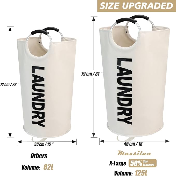 Maxsilan 125L X-Large Laundry Basket Bag, Collapsible Tall Hamper, Beige - Image 3