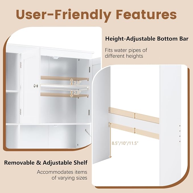 Giantex Over The Toilet Storage Cabinet, 31.5''W Freestanding Space Saver with Doors, Adjustable Shelf & Toilet Paper Holder, Over Toilet Bathroom Organizer for Laundry, Restroom, White - Image 5