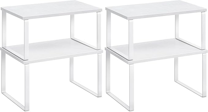 SONGMICS Cabinet Organizer Shelf, Set of 2 Kitchen Counter Shelves, Kitchen Storage, Spice Rack, Stackable, Expandable, Metal and Engineered Wood, Cloud White and Snow White UKCS02W01 (Pack of 2) by Unknown