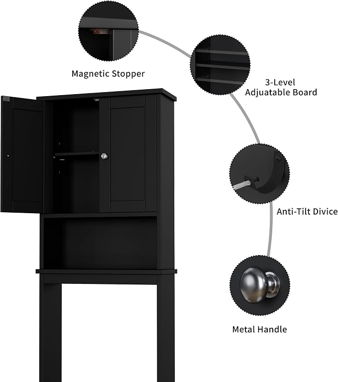 Shintenchi Over the Toilet Storage Cabinet, Bathroom Shelf Organizer with Anti-Tip Device Small Freestanding Space Saver with Adjustable Shelf，Black - Image 7