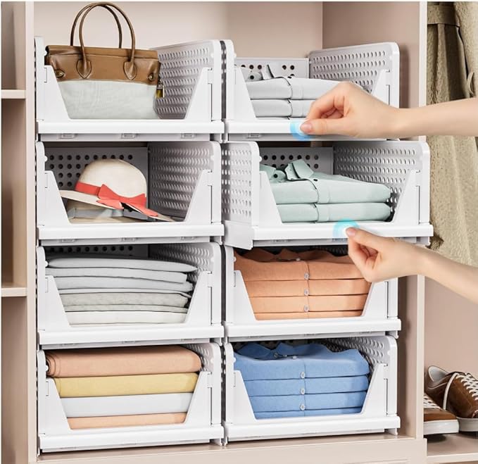 caktraie 4 Pack Stackable Closet Storage Basket - Stackable Storage Bins | Multifunctional & Foldable Closet Organizer Waterproof, Wardrobe Cupboard Space-Saving Storage Drawer Organizer - Image 6